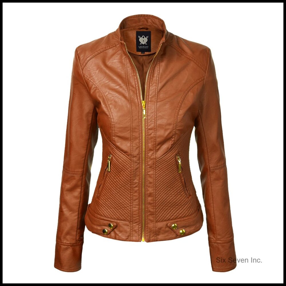 Slim Fit Vegan Leather Moto Jacket Women's Faux Leather Biker Coat - Picture 1 of 7